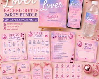 Festa de despedida de solteira inspirada na era Lover da Taylor Swift, com itens editáveis para imprimir, placa de boas-vindas "Ela encontrou seu amor", kit de decoração rosa para festa da era Lover e jogos.