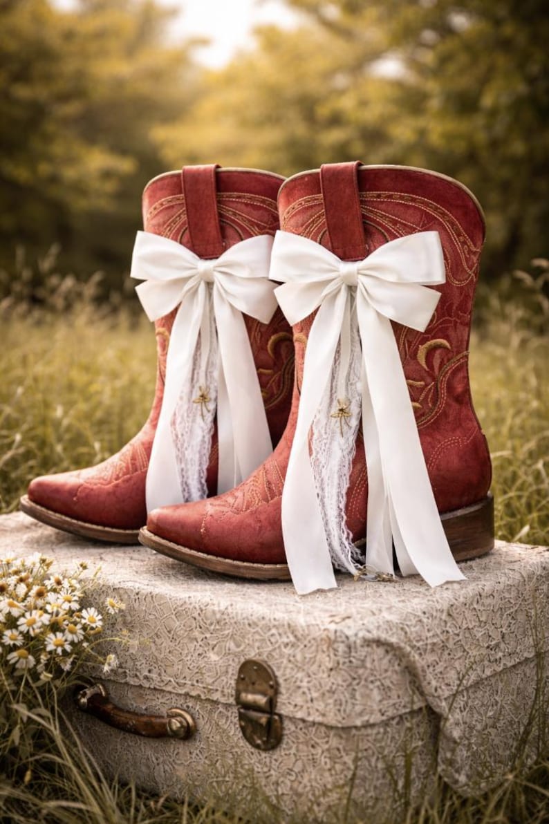 May include: Red cowboy boots with decorative stitching and white bows, set on a vintage suitcase. The boots have white lace detailing. The background is a blurred view of green foliage.