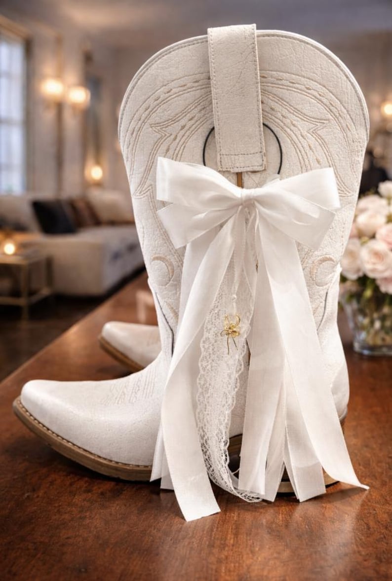 May include: White cowboy boots with detailed stitching and a pointed toe. A large white bow and lace ribbon are tied to the back of one boot, with a small gold charm. The boots are on a wooden surface.