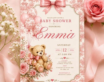 Convite para Chá de Bebê com Ursinho de Pelúcia Rosa | Modelo Editável no Canva | Convite para Chá de Bebê com Estampa Toile | Convite para Chá de Bebê de Menina | Download Imediato