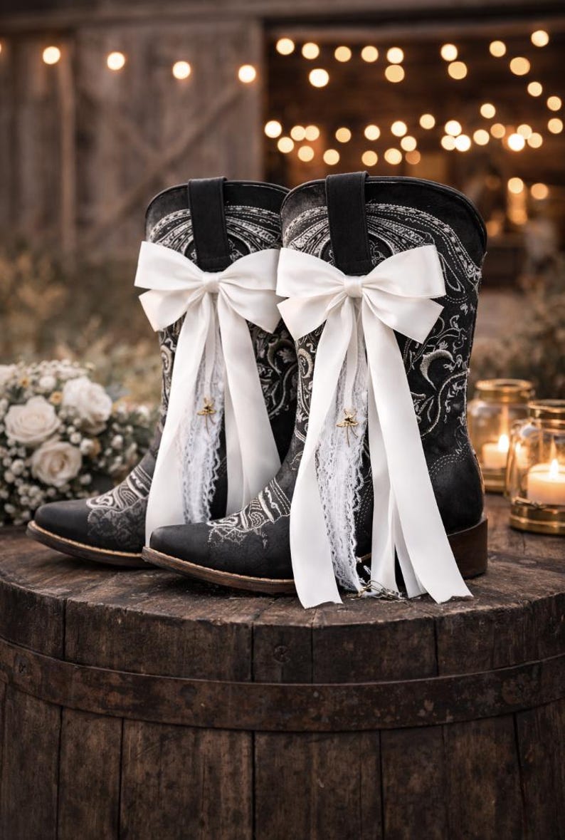 May include: Black cowboy boots with white bows and lace detailing, set on a wooden barrel. The boots have an ornate design. The background includes soft lighting and a bouquet of white flowers, creating a romantic scene.