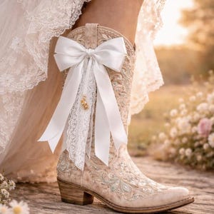 Pode incluir: Bota de cowboy bordada bege com la&ccedil;o de cetim branco e acabamento em renda. A bota apresenta intrincados desenhos florais e de rolagem em azul claro e dourado. Um pequeno pingente dourado pende da renda.