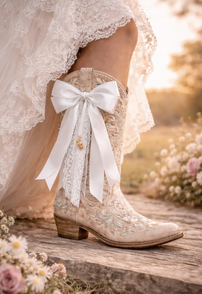 Pode incluir: Bota de cowboy bordada bege com la&ccedil;o de cetim branco e acabamento em renda. A bota apresenta intrincados desenhos florais e de rolagem em azul claro e dourado. Um pequeno pingente dourado pende da renda.