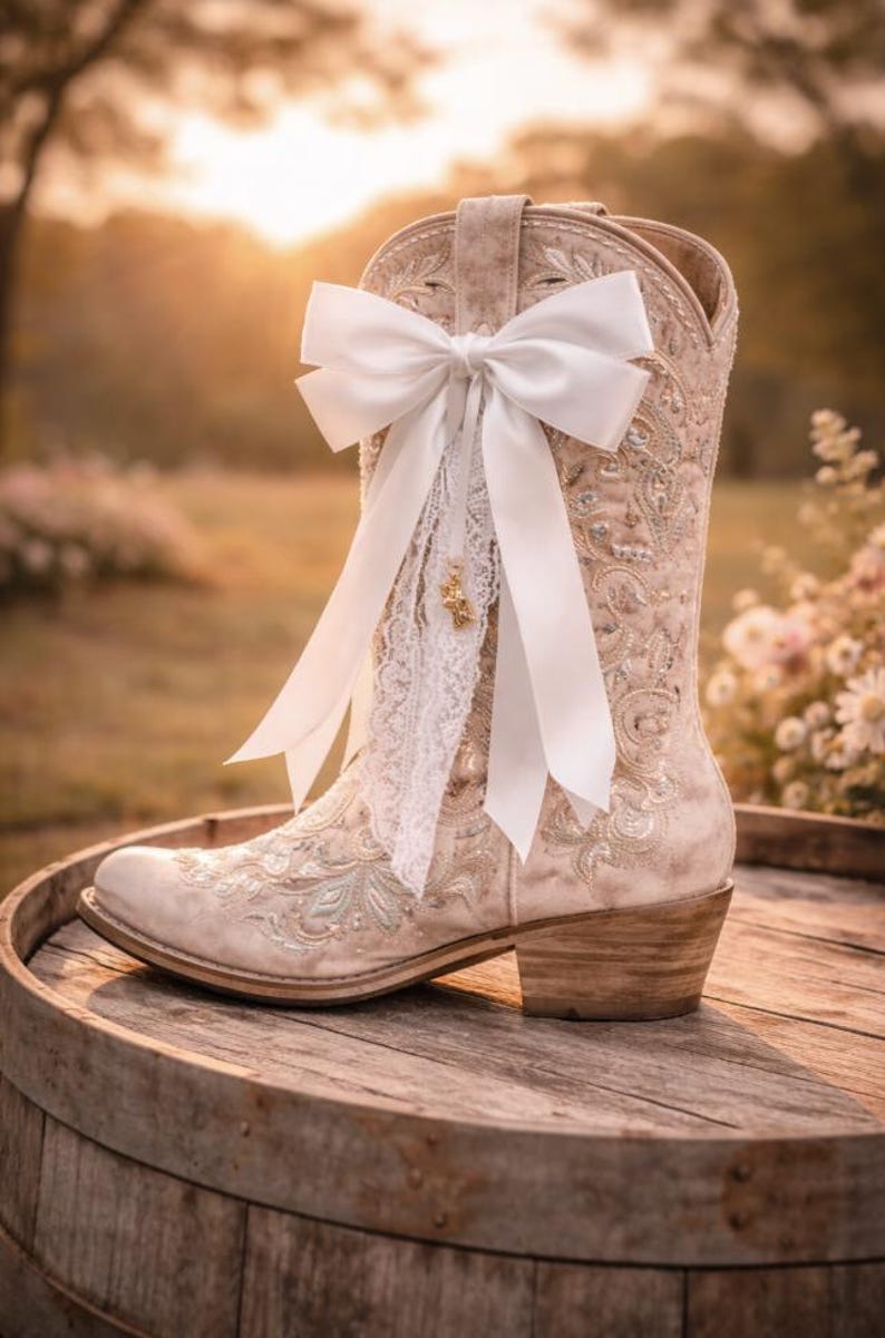 May include: Cream-coloured cowboy boot with detailed embroidery and a white bow. The boot has a pointed toe and a stacked heel, decorated with lace and a small gold charm. It is displayed on a wooden barrel.