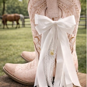 May include: Pale pink cowboy boots with detailed floral embroidery. A large white bow and lace embellishment are attached to the back of the boots. The boots are placed on a wooden surface, with horses and a fence in the background.