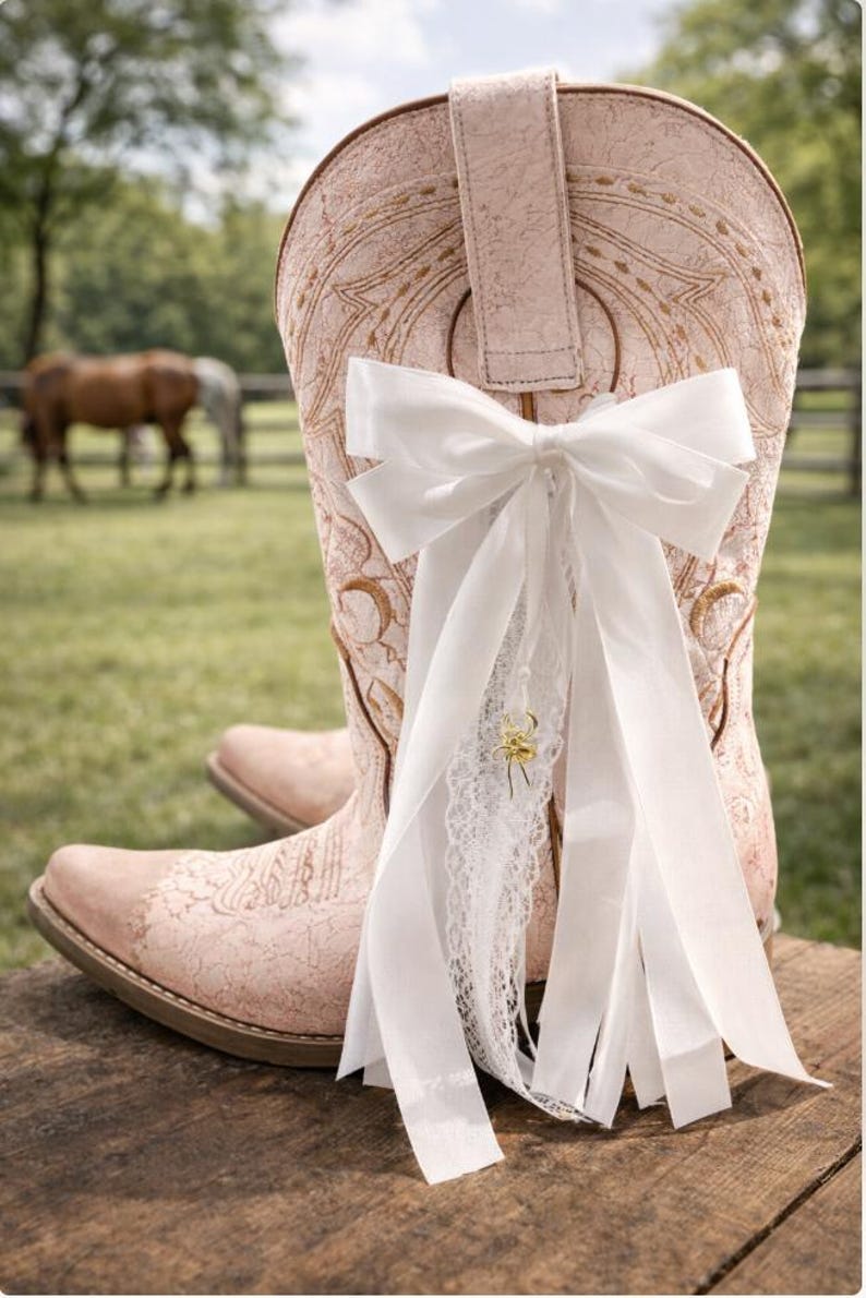 May include: Pale pink cowboy boots with detailed floral embroidery. A large white bow and lace embellishment are attached to the back of the boots. The boots are placed on a wooden surface, with horses and a fence in the background.