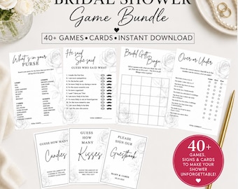 Pacote de Jogos para Chá de Panela com Tema de Rosas, Jogos Editáveis para Chá de Panela, Placas para Imprimir, Jogos Minimalistas para Chá de Panela - Download Imediato