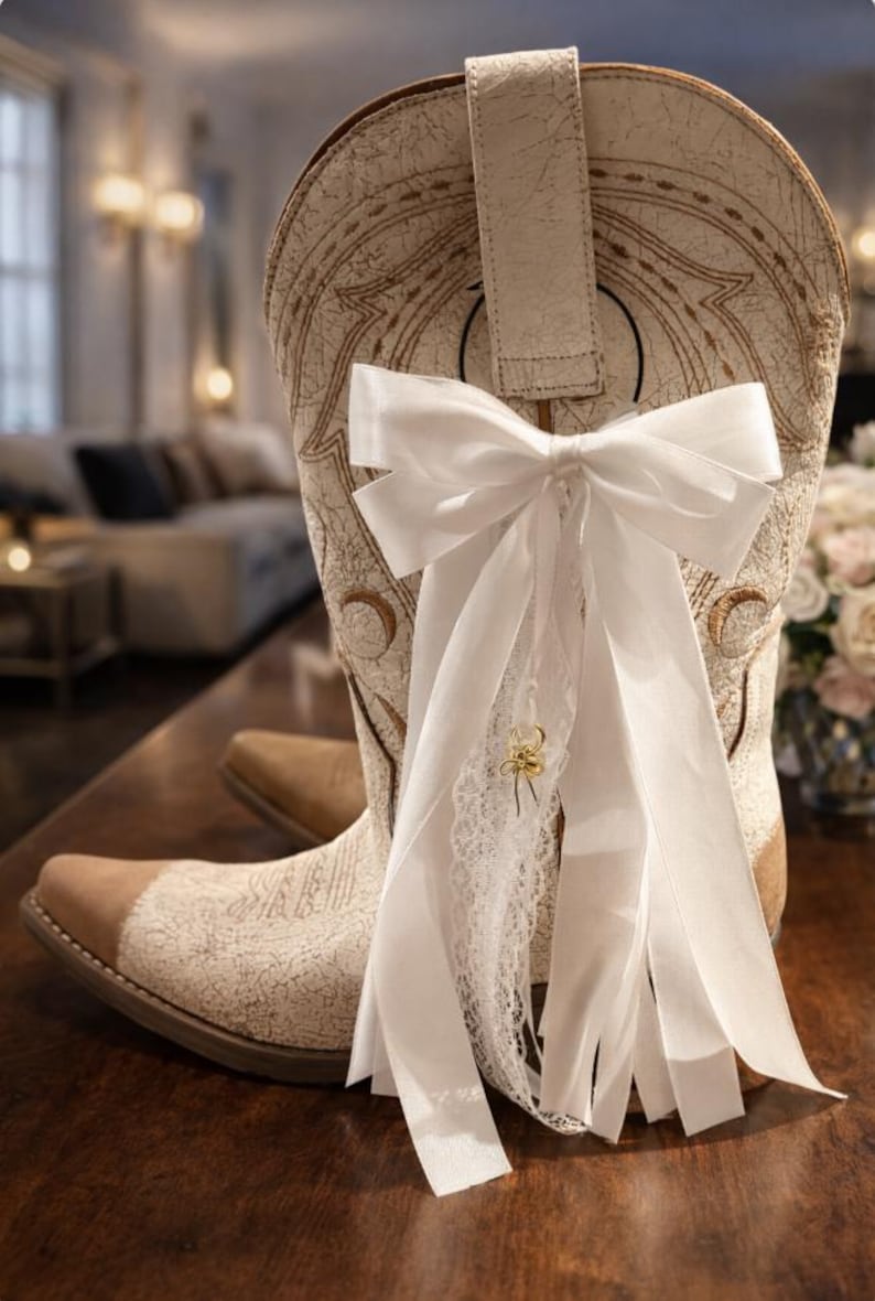 May include: Cream-coloured cowboy boot with a white bow and lace detail. The boot has a textured design and a brown toe. A white bow is tied around the boot's pull strap, with long ribbons and a lace accent.