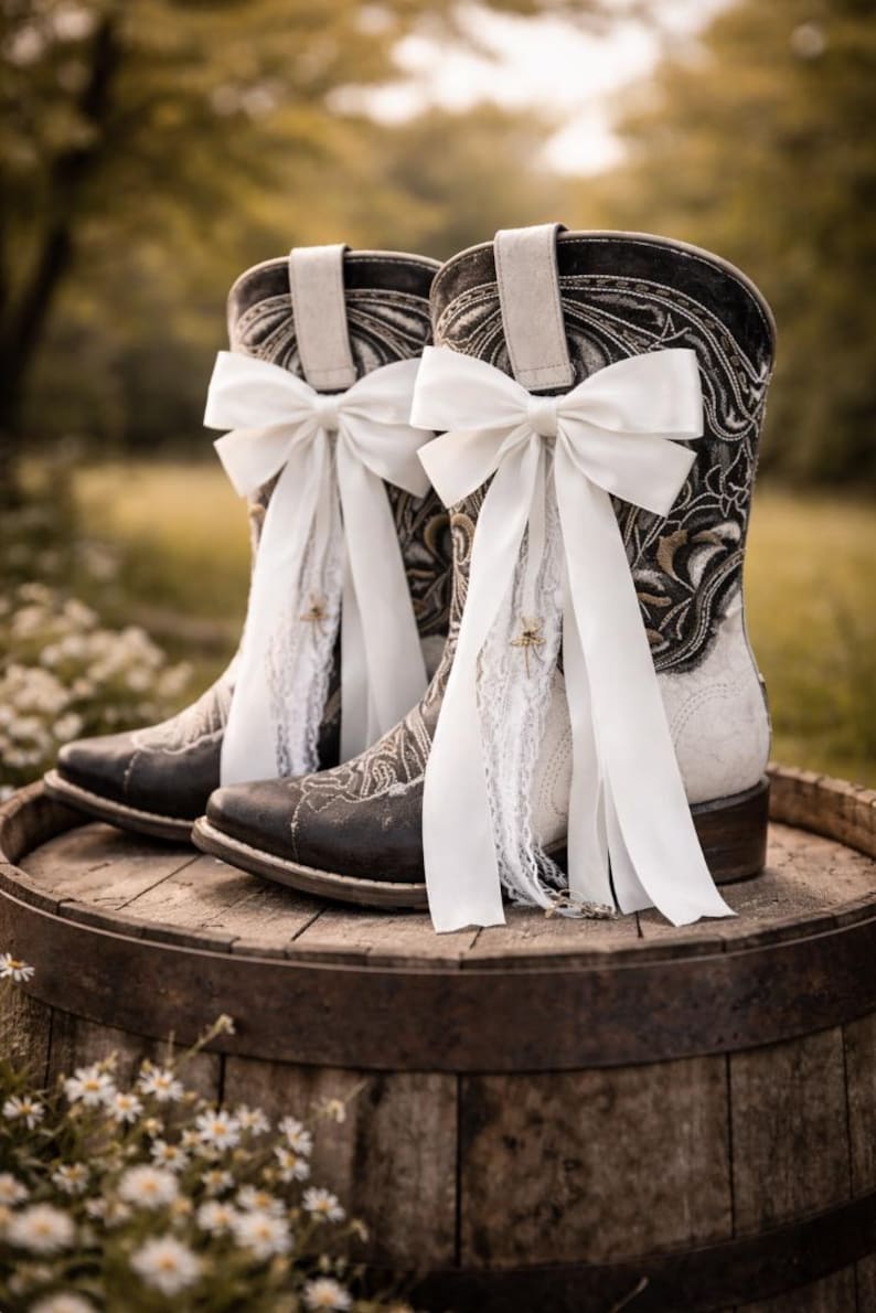 May include: Two black and white cowboy boots with detailed embroidery and white bows. The boots are adorned with white lace and are placed on a wooden barrel, evoking a rustic wedding aesthetic.