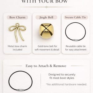 Pode incluir: A imagem mostra um berloque de la&ccedil;o dourado, um sino dourado e uma bra&ccedil;adeira de cabo preta. O texto diz "WHAT'S INCLUDED WITH YOUR BOW" e "Easy to Attach & Remove". O texto tamb&eacute;m diz "Every detail thoughtfully included."