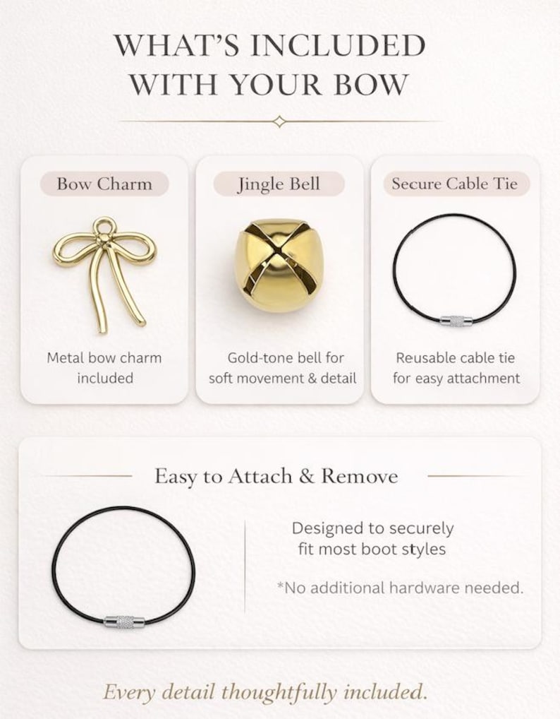 Pode incluir: A imagem mostra um berloque de la&ccedil;o dourado, um sino dourado e uma bra&ccedil;adeira de cabo preta. O texto diz "WHAT'S INCLUDED WITH YOUR BOW" e "Easy to Attach & Remove". O texto tamb&eacute;m diz "Every detail thoughtfully included."