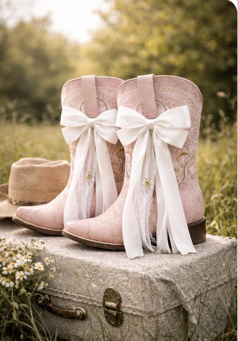 May include: Pale pink cowboy boots with white bows and lace detailing. The boots, with floral embroidery, are displayed on a vintage suitcase. A straw hat is placed nearby. The boots are approximately 30 cm tall.
