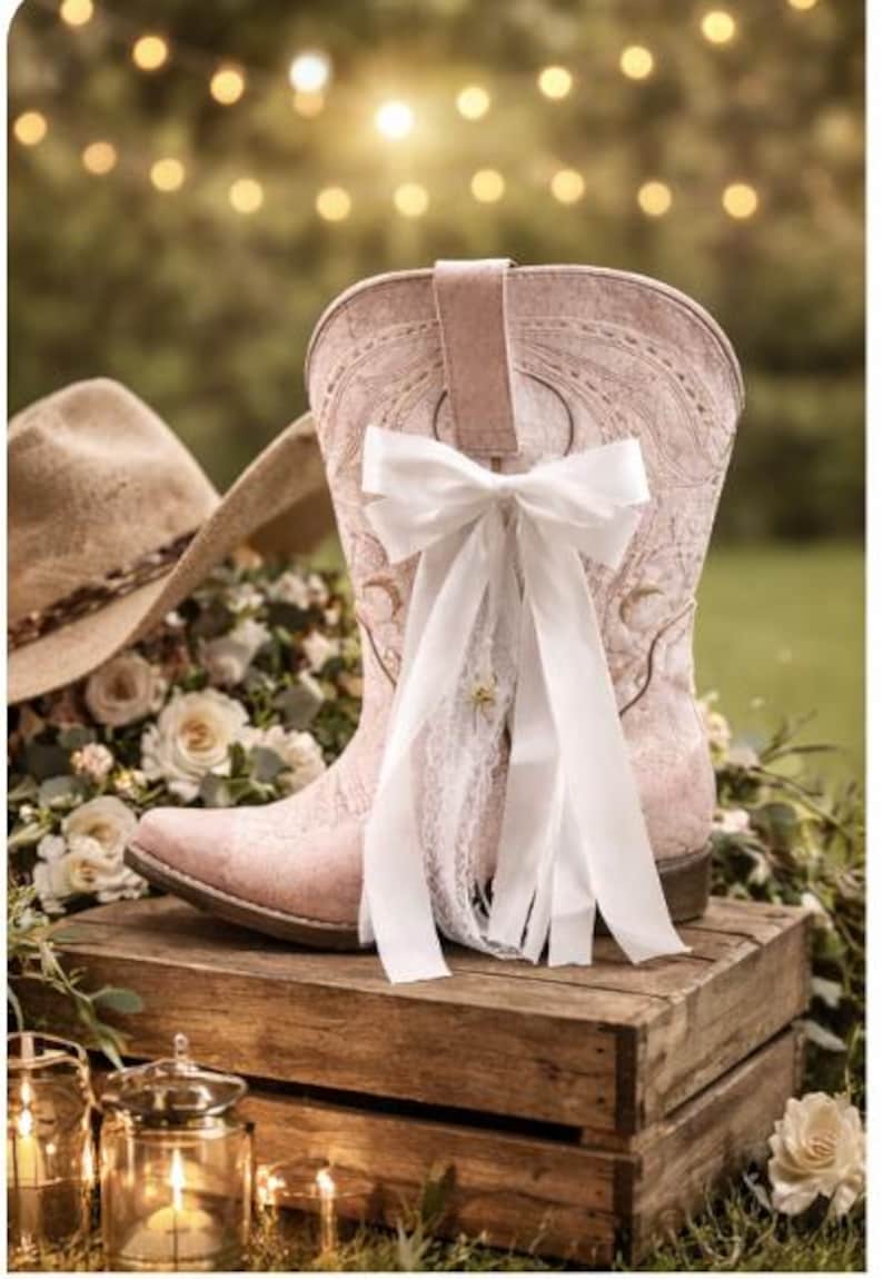 May include: A pale pink cowboy boot with a white bow and lace detail, displayed on a wooden crate. A cowboy hat and flowers are in the background, with soft lighting. The boot is suitable for a wedding or special event.