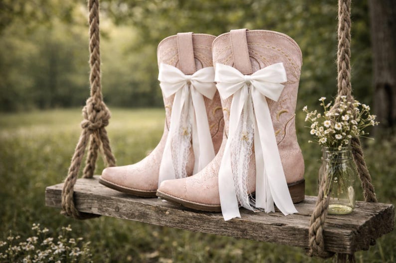 May include: Pale pink cowboy boots with white bows and lace, displayed on a wooden swing. The boots feature floral embroidery. A small glass jar with white flowers is also visible.