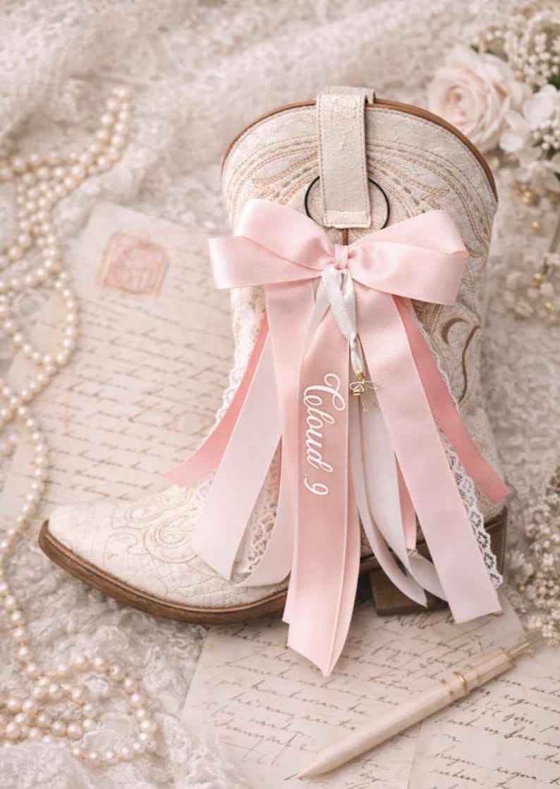 Pode incluir: Bota de cowboy marfim com bordados intrincados e detalhes em renda. Um grande la&ccedil;o rosa e fitas, uma com a inscri&ccedil;&atilde;o "Cloud 9", adornam a bota. A bota est&aacute; sobre um fundo vintage com p&eacute;rolas e notas manuscritas.