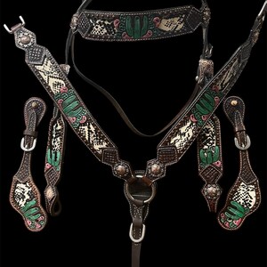 Tooled Leather & Beaded Cactus Horse Tack Breast Collar Head Stall Spur Straps