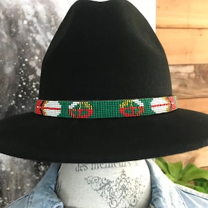 Hand Beaded hat Band Green / Red