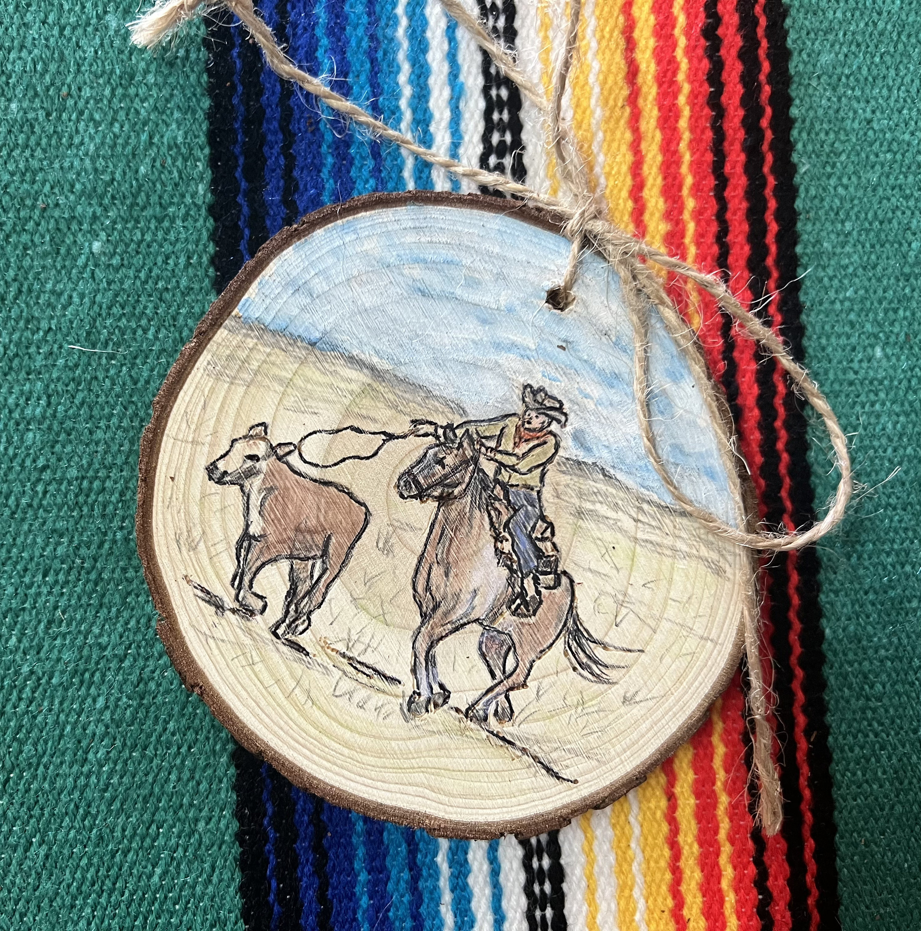 Hand Burned Ropin' Cowboy Wooden Ornament