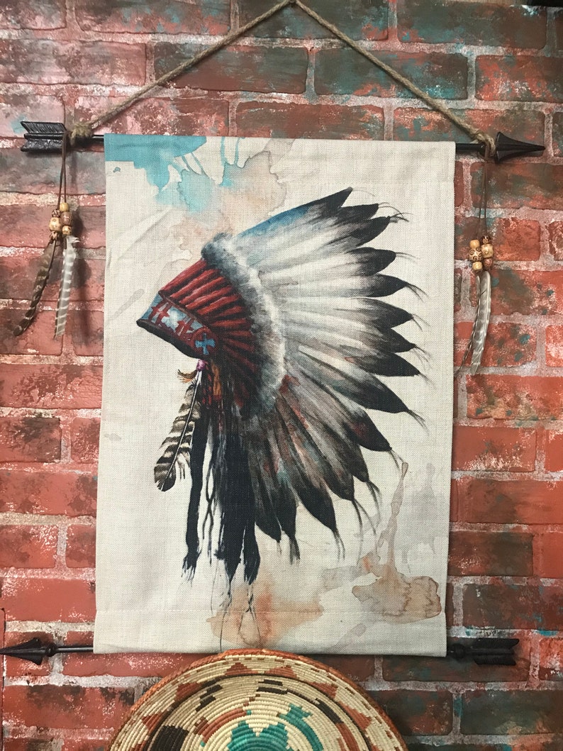 Indian Chief Headdress Tapestry Rustic Wall Decor Canvas Art Etsy
