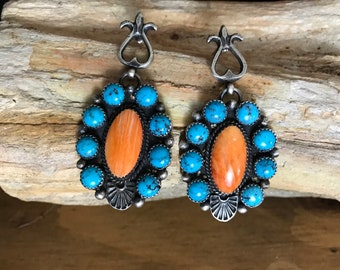 Navajo Sterling Orange Spiny Turquoise and Coral Dangle Earrings Kevin Billah