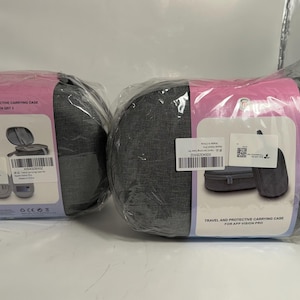 May include: Two gray travel and protective carrying cases, each wrapped in clear plastic. The cases have a pink label with product information and illustrations. The cases are designed for a specific set of items.
