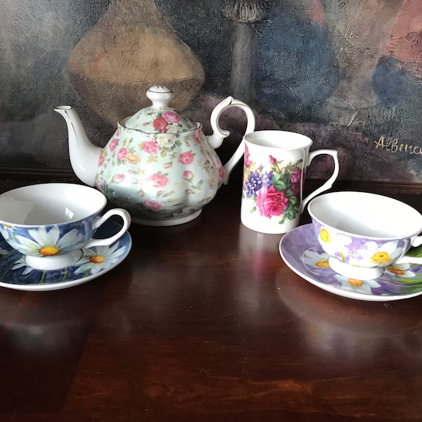 Beautiful Gracie China, Rose Chintz Teapot, pair Tea cup with Saucer, Bone China Mug, For Tea party, Bridal Shower, Baby Shower Housewarming