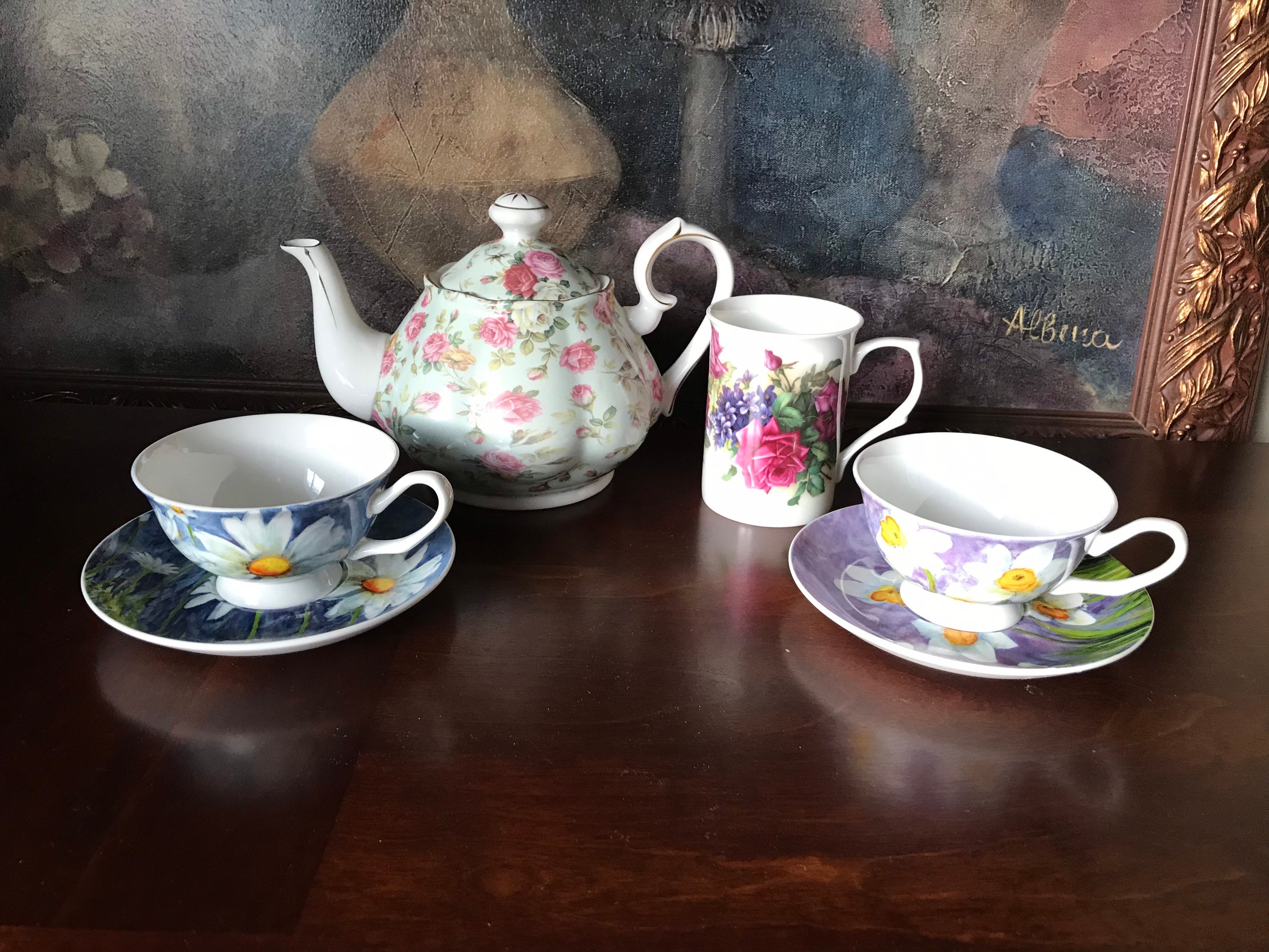 Beautiful Gracie China Rose Chintz Teapot Pair Tea Cup With Etsy