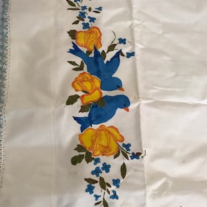 Vintage Treasure Chest Muslin Pillowcase Pair with Bird & Flower, 42x36 with crochet border, New unused, But one has light stain(Last Photo)
