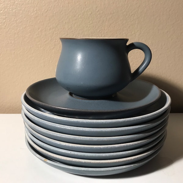 Denby Stoneware Replacement: 4 Dinner plates, 7 Bread & Butter plates and 2 set Flat Cup and Saucer, Echo Blue Pattern , England, 3 options