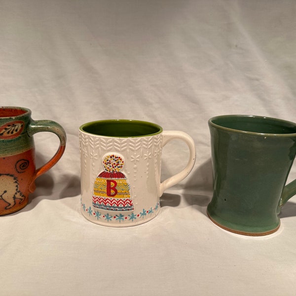 3 Rare Vintage Mugs, Front Ave Pottery Mug - Hand Thrown Fish, 3D Raised Symbols, Art Deco Print, B126, & Anthropologie Winter Monogram Mug