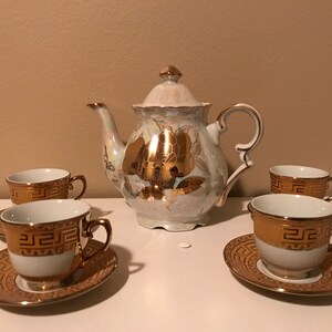 Beautiful Gold flower Teapot with set of 4 match Demitasse cup and Saucer from Japan, Gift for her