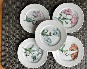Beautiful Set of 5 Taste Setter Collection Floral Poppy Salad Plates with 4 colors. Mother's Day Gift, Valentine' Day Gift, Mint condition