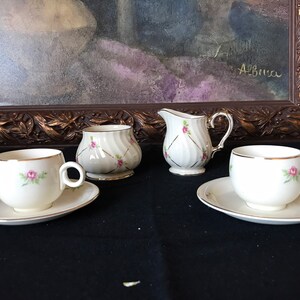 Homer Laughlin mini rose J46N5 and E45N3 pattern Demitasse Cups and Saucers, set of 2  , free with match Sandler mini Sugar and creamer