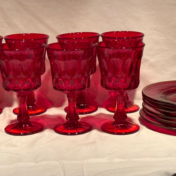 8 Beautiful Noritake PERSPECTIVE Ruby Red Glass Water Goblets matching ruby red plates (4) and saucers (4) with gold trim, Price is for 4