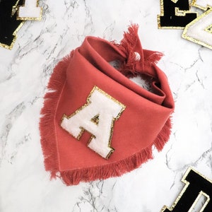 Rusty Terracotta Red Varsity Letter Winter Frayed Gold Glitter Personalized Dog Bandana | Stylish Puppy Dog Neckwear | Thick TieOn Snap Dana