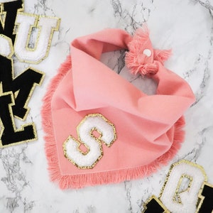 Pink Denim Varsity Letter Frayed Gold Glitter Personalized Dog Bandana | Medium Wash Stylish Puppy Dog Neckwear | Thick Tie On Snap Pet Dana