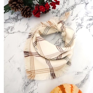 VANILLA BEAN- Flannel Dog Bandana | Cream Plaid Fringe Tie On Snap Pet Accessories | Fall Stylish Dog Neckwear