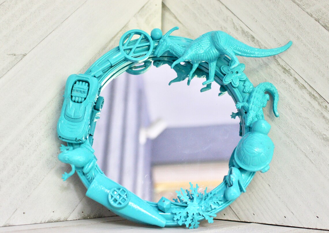 Teal 6in Round Toy Mirror Home Decor made from Repurposed Etsy