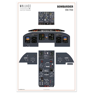 May include: A black and white diagram of the cockpit of a Bombardier CRJ 700 aircraft. The diagram shows the layout of the instruments and controls, including the yoke, throttle, and various switches and buttons. The text "WALLACE AVIATION TRAINING" and "BOMBARDIER CRJ 700" is visible at the top of the diagram.