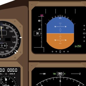 Puede incluir: Ilustraci&oacute;n de un panel de instrumentos de cabina de avi&oacute;n. El panel presenta varios indicadores, incluido un indicador de velocidad que muestra 30 nudos, un horizonte artificial y otras pantallas de navegaci&oacute;n. El fondo es marr&oacute;n.