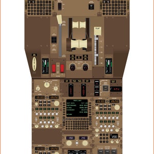 May include: A brown and beige Boeing 767-300F aircraft cockpit simulator with a variety of switches, buttons, and dials. The simulator is labeled "Boeing 767-300F Aisle Stand" and "Wallace Aviation Training".