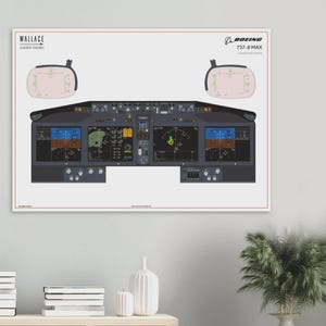 May include: A framed print of a Boeing 737-8 MAX cockpit, featuring detailed instrument panels and the text "BOEING 737-8 MAX". The print also includes the text "WALLACE Aviation Training". The color palette includes shades of gray, black, and blue.