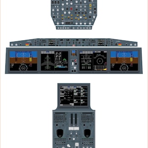 May include: A detailed illustration of the cockpit of an Airbus A220-100 aircraft. The image shows the control panel, instrument panel, and overhead panel. The text "AIRBUS A220-100" is displayed at the top of the image.