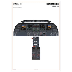 May include: Aviation training poster featuring a detailed diagram of a Bombardier Lear 45 aircraft cockpit. The poster includes the aircraft's instrument panel, with various gauges, displays, and control systems. The top of the poster has the text "BOMBARDIER LEAR 45". The top left corner has the text "WALLACE AVIATION TRAINING".
