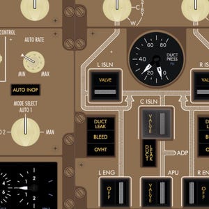 Puede incluir: Primer plano de un panel de control de avi&oacute;n con varios indicadores, interruptores y etiquetas. El panel es principalmente marr&oacute;n con detalles en blanco y negro. Incluye un indicador de presi&oacute;n de conducto y controles de altitud de cabina.