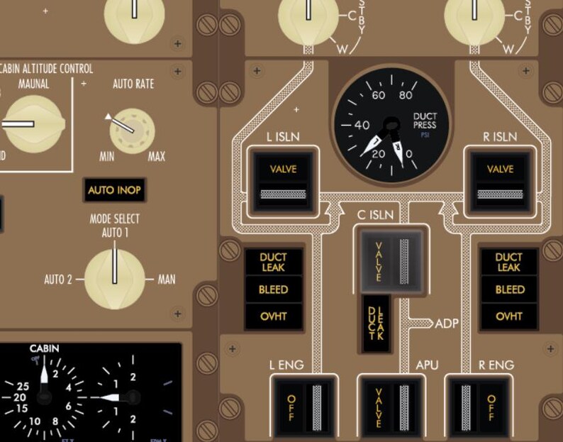 Puede incluir: Primer plano de un panel de control de avi&oacute;n con varios indicadores, interruptores y etiquetas. El panel es principalmente marr&oacute;n con detalles en blanco y negro. Incluye un indicador de presi&oacute;n de conducto y controles de altitud de cabina.