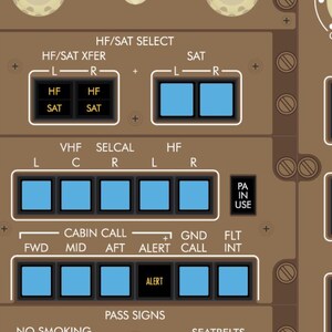 Puede incluir: Primer plano de un panel de control de avi&oacute;n con varios interruptores e indicadores. El panel es de color marr&oacute;n c&aacute;lido con botones negros y azules. El texto incluye "HF/SAT SELECT", "ALERT" y "PA IN USE".