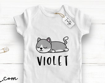 Personalised Cat Baby Grow - ( organic cotton )  // Tintzy ™ // Cat Lovers Baby Shower Gift , Cat Lady , Cute Baby Gift Idea , Baby Suit