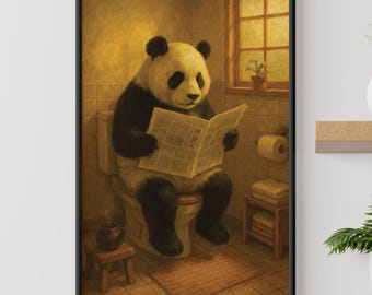 Grappige poster panda op toilet – dierenprint in Japanse stijl, muurkunst badkamer - Tintzy