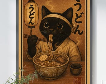 Póster de un lindo gato negro comiendo fideos ramen - Arte mural vintage japonés de gatos